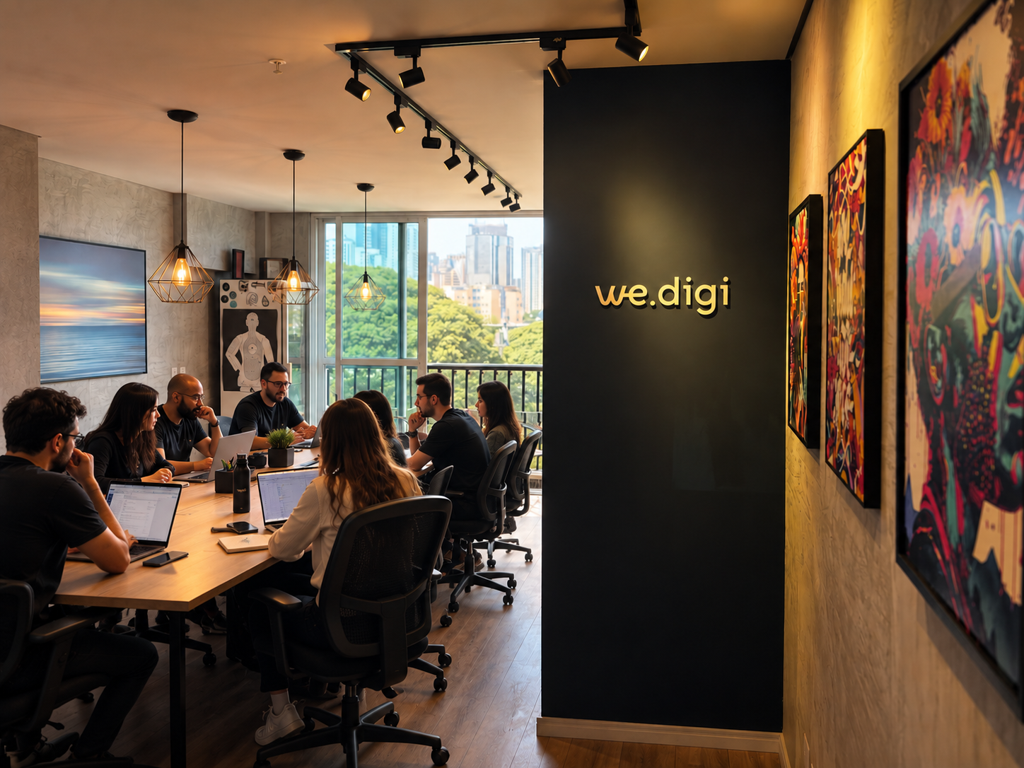 Time da we.digi reunido no escritório, com o logo da we.digi na parede