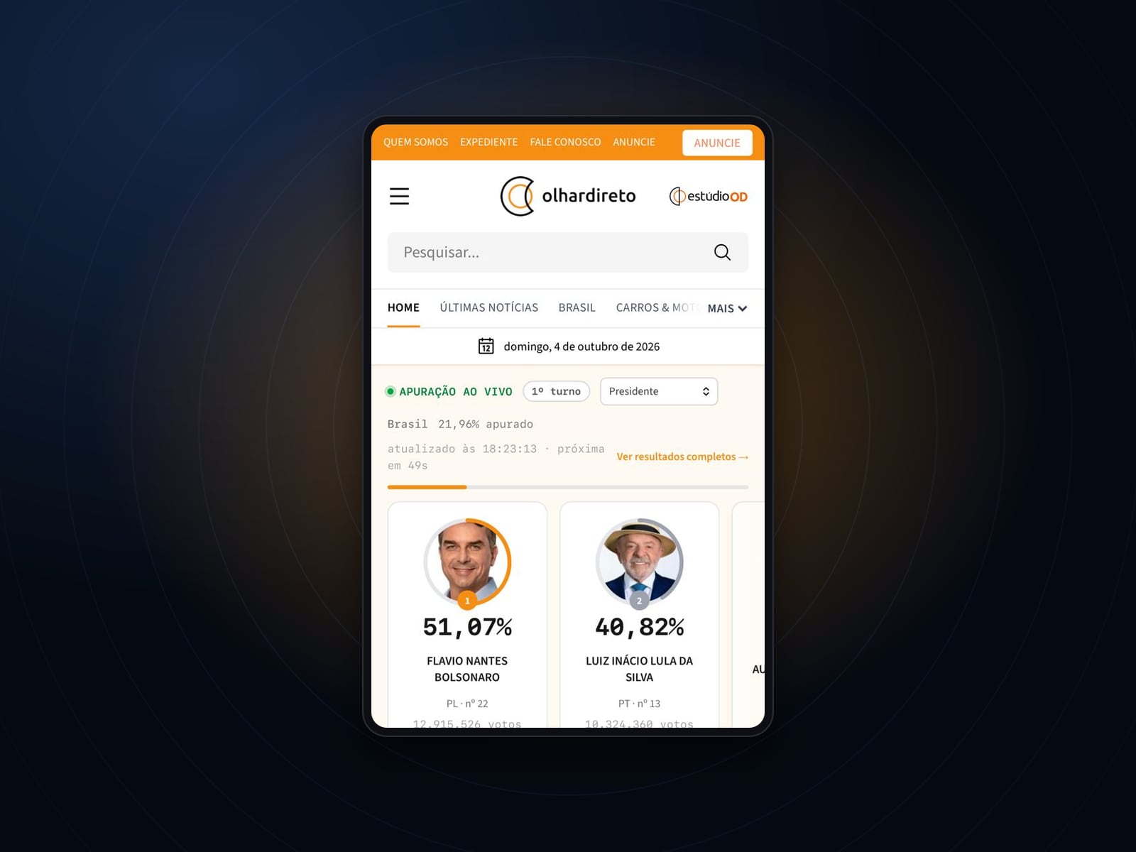 Portal Olhar Direto com a faixa de apuração ao vivo das eleições 2026 no topo da página