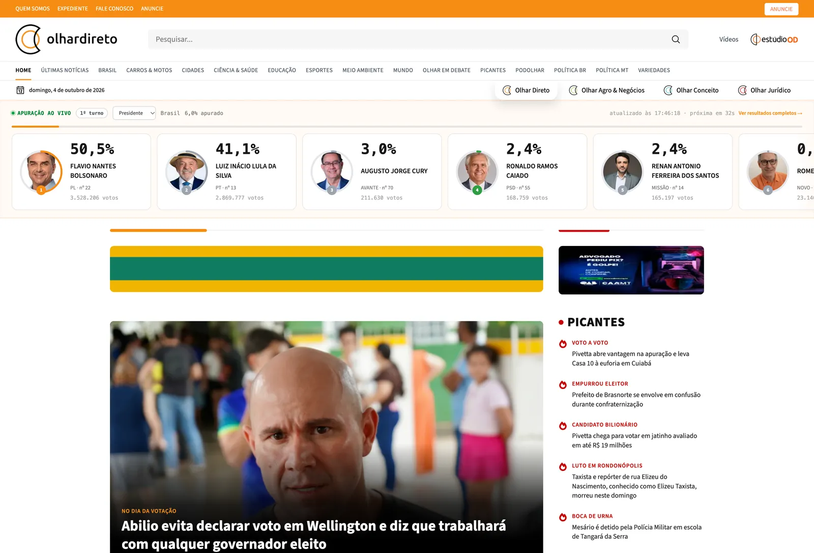 Home do Olhar Direto com o widget de apuração ao vivo no topo, mostrando os candidatos à Presidência com percentual e votos